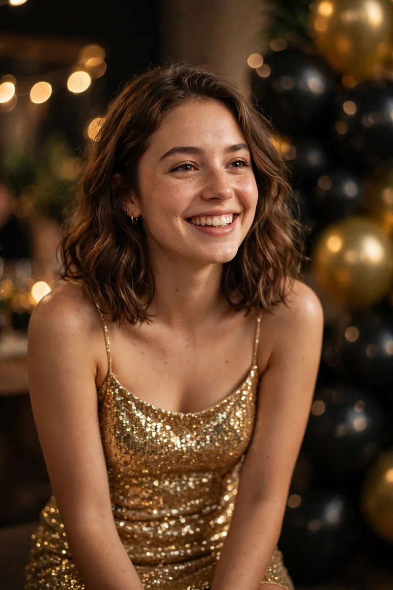 Woman in a black sequin slip dress holding a champagne flute