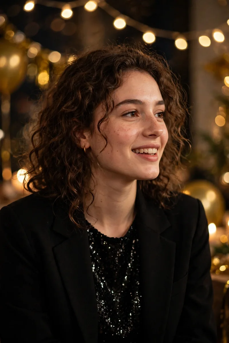 Woman in an all-black sequin outfit with layered gold necklaces