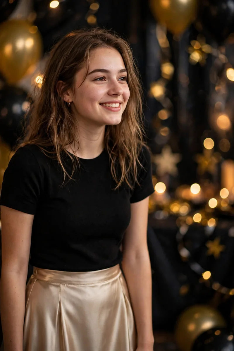 Woman in a champagne satin skirt with a sparkly top
