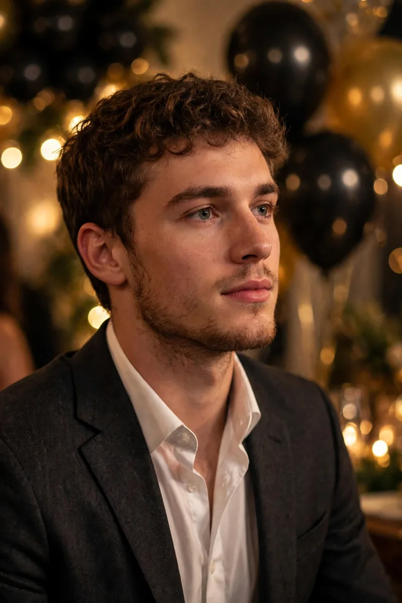 Man in a dark slim suit with a black shirt at a New Year's Eve party