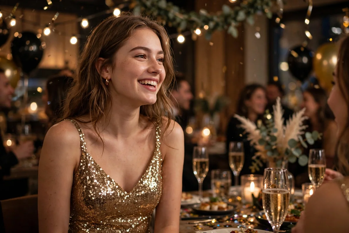 Young woman in a gold sequin slip dress at a New Year's Eve party
