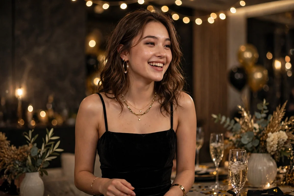 Young woman in a black jumpsuit with gold accessories at a NYE party