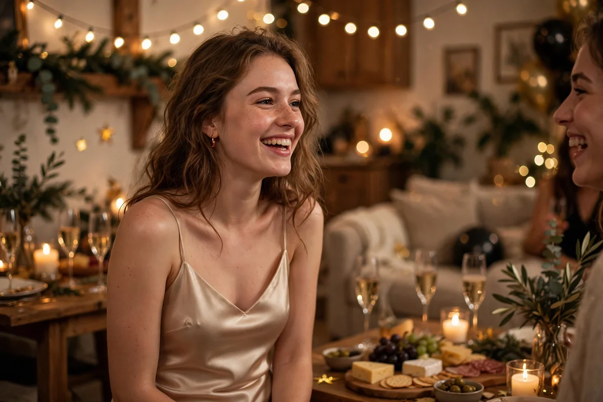 Young woman in a matching satin pajama set at a cozy NYE pajama party