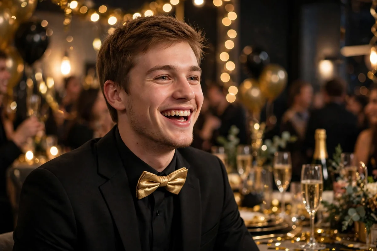 Young man in a dark blazer and black jeans at a New Year's Eve party