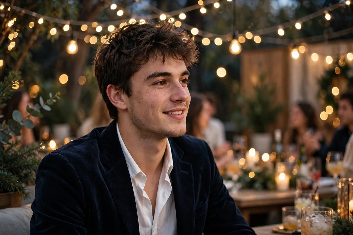 Young man in an all-black outfit with a silver watch at a NYE party