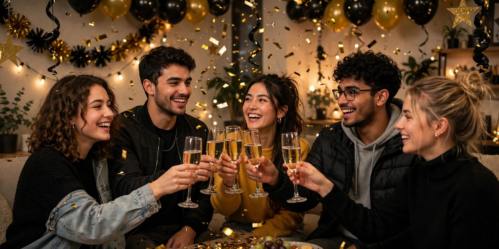 College friends celebrating New Year's Eve at a black and gold themed house party with balloons and string lights