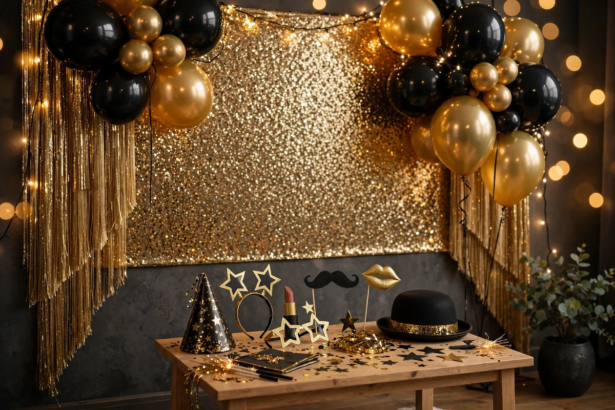 Gold fringe photo backdrop with a New Year's Eve outfit accessory station