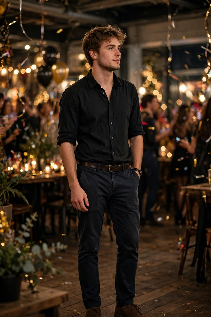 Black button-down club-ready men's NYE outfit