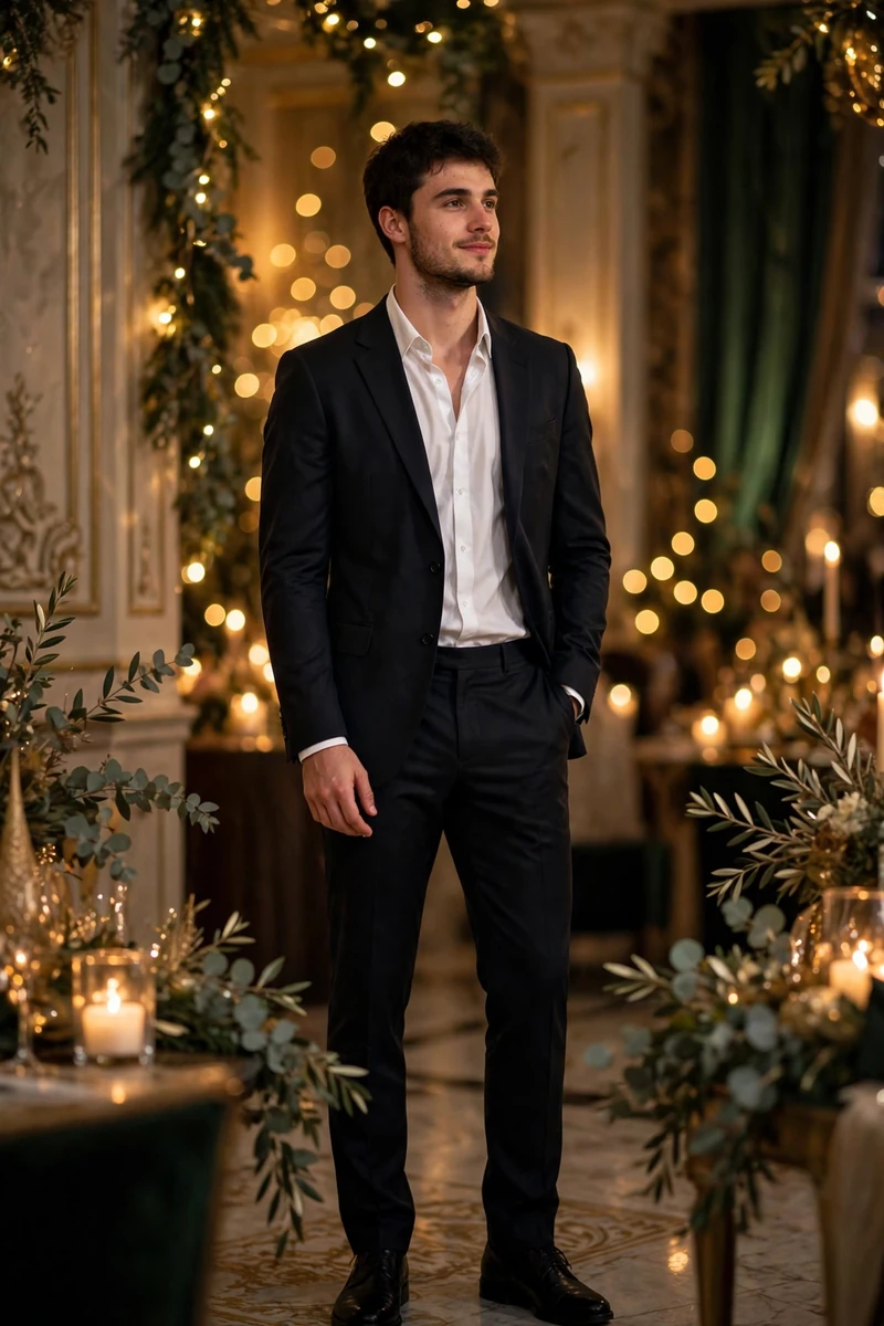 Suit jacket with open-collar shirt men's New Year's Eve outfit