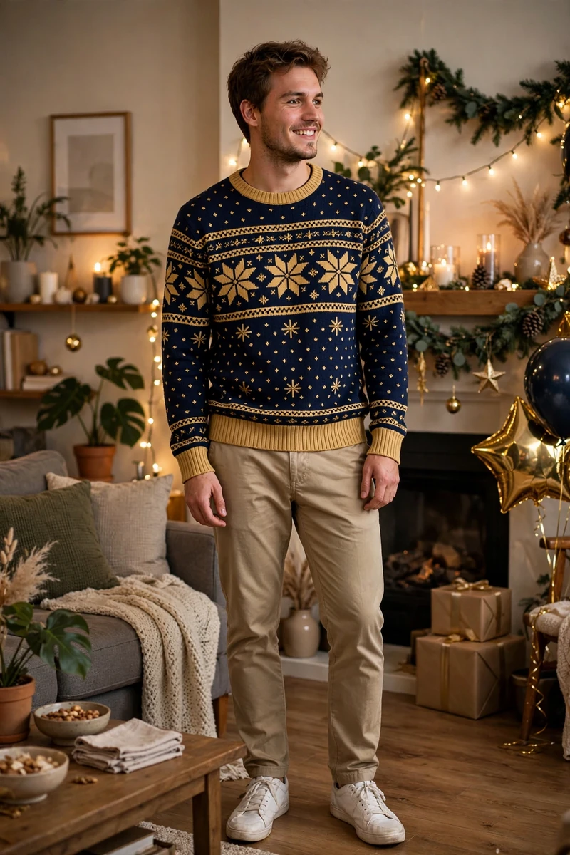 Festive sweater men's NYE house party outfit