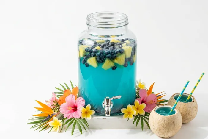 Ocean blue punch beach party drink recipe clear dispenser blue raspberry lemonade blueberries coconut cups tropical straws