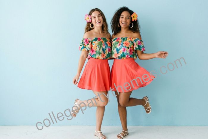 College girl wearing off shoulder tropical floral top mini skirt gold hoops flower clip luau party
