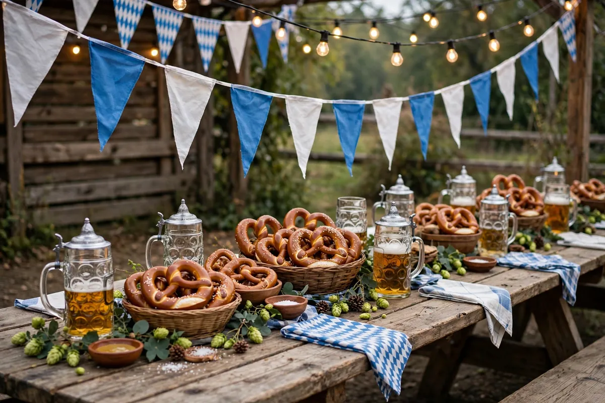 Bavarian party table with blue-and-white checkered tablecloth, beer steins, pretzel baskets and bunting under string lights