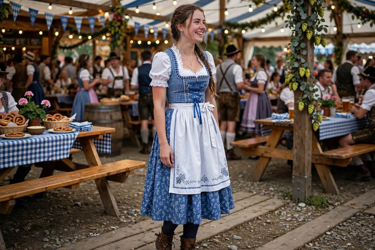 College girl in a classic blue-and-white dirndl dress with a white blouse at an Oktoberfest party