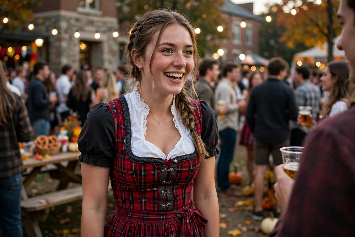 College girl in a modern plaid dirndl twist with boots at an Oktoberfest party