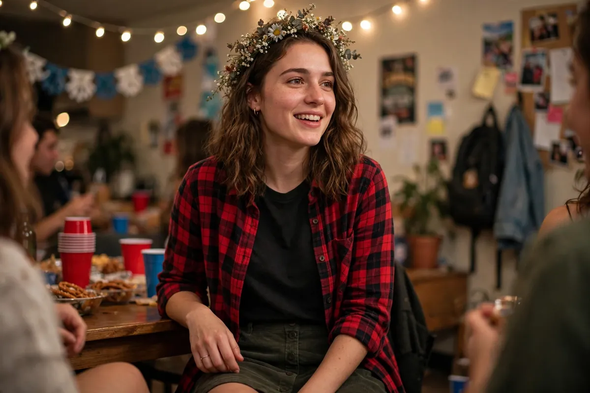 College girl in a budget closet dirndl look with a white top and blue skirt at an Oktoberfest party