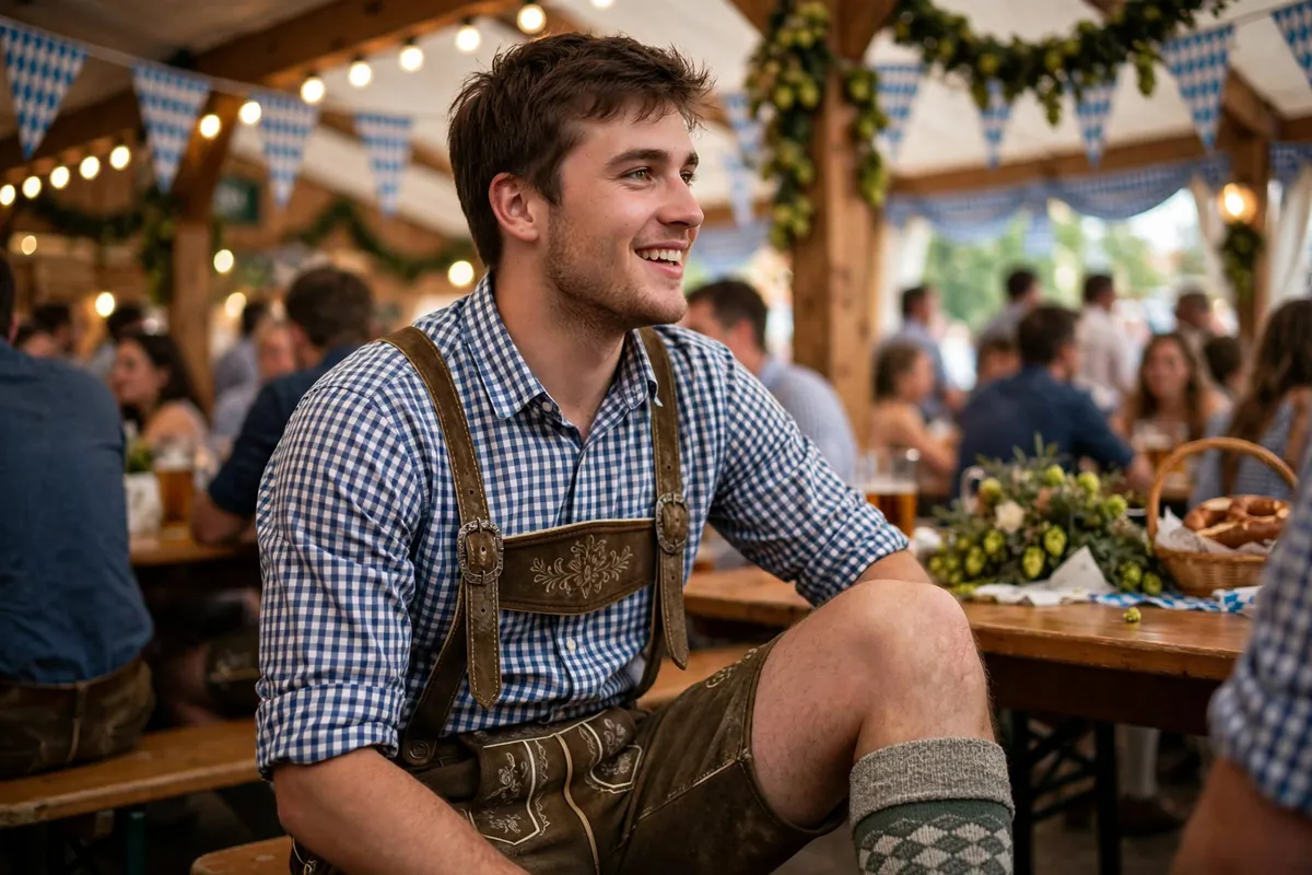 College guy in classic lederhosen with suspenders and a checkered shirt at an Oktoberfest party
