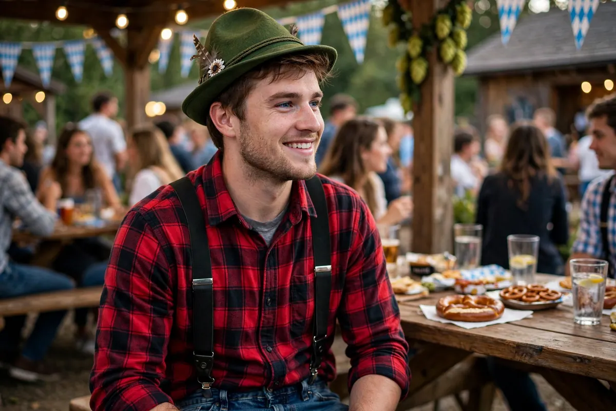 College guy in a flannel shirt Bavarian-casual look with jeans at an Oktoberfest party