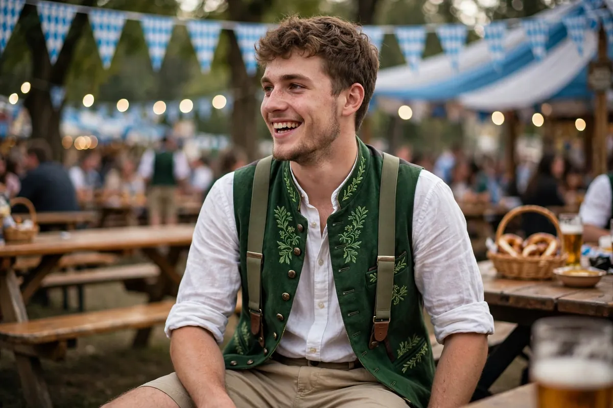College guy in a suspenders-and-shorts look with a checkered shirt at an Oktoberfest party