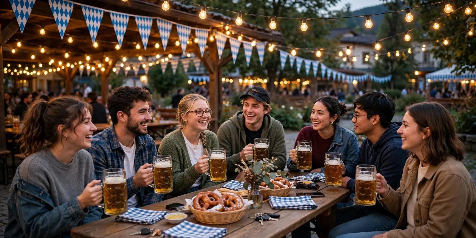 Oktoberfest party scene with friends in dirndls and lederhosen at a blue-and-white decorated table with beer steins and pretzels