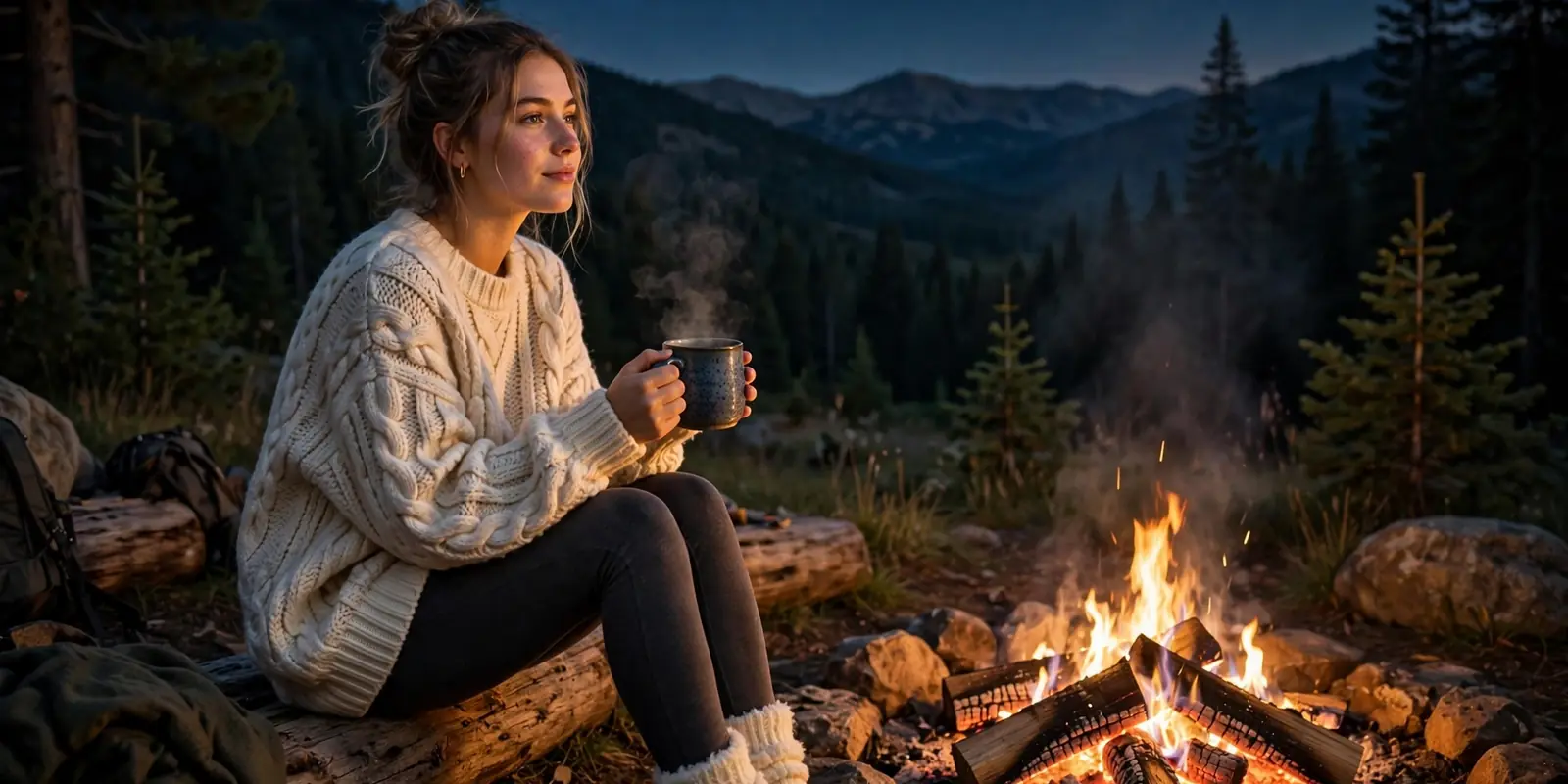 Girl in oversized cream knit sweater holding a mug by a fire pituchy socks