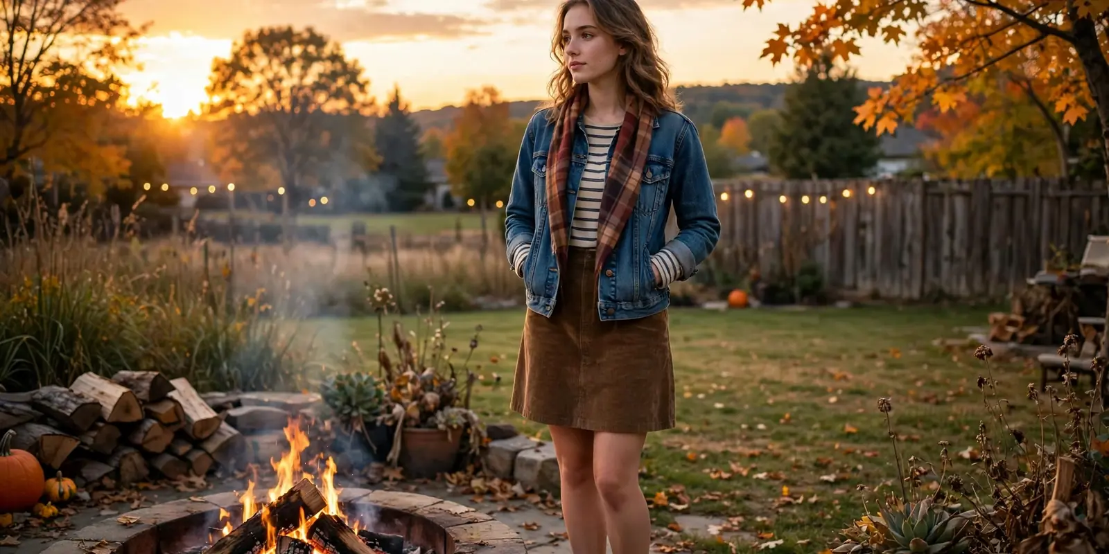 Girl in denim jacket and scarf by a backyard fire pit at sunsette socks