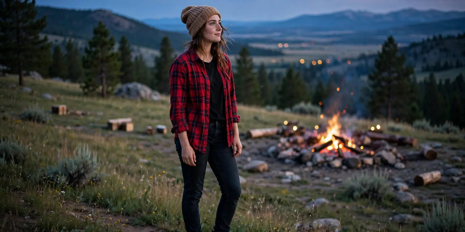Girl in red plaid flannel shirt, jeans and boots by a bonfirenglasses