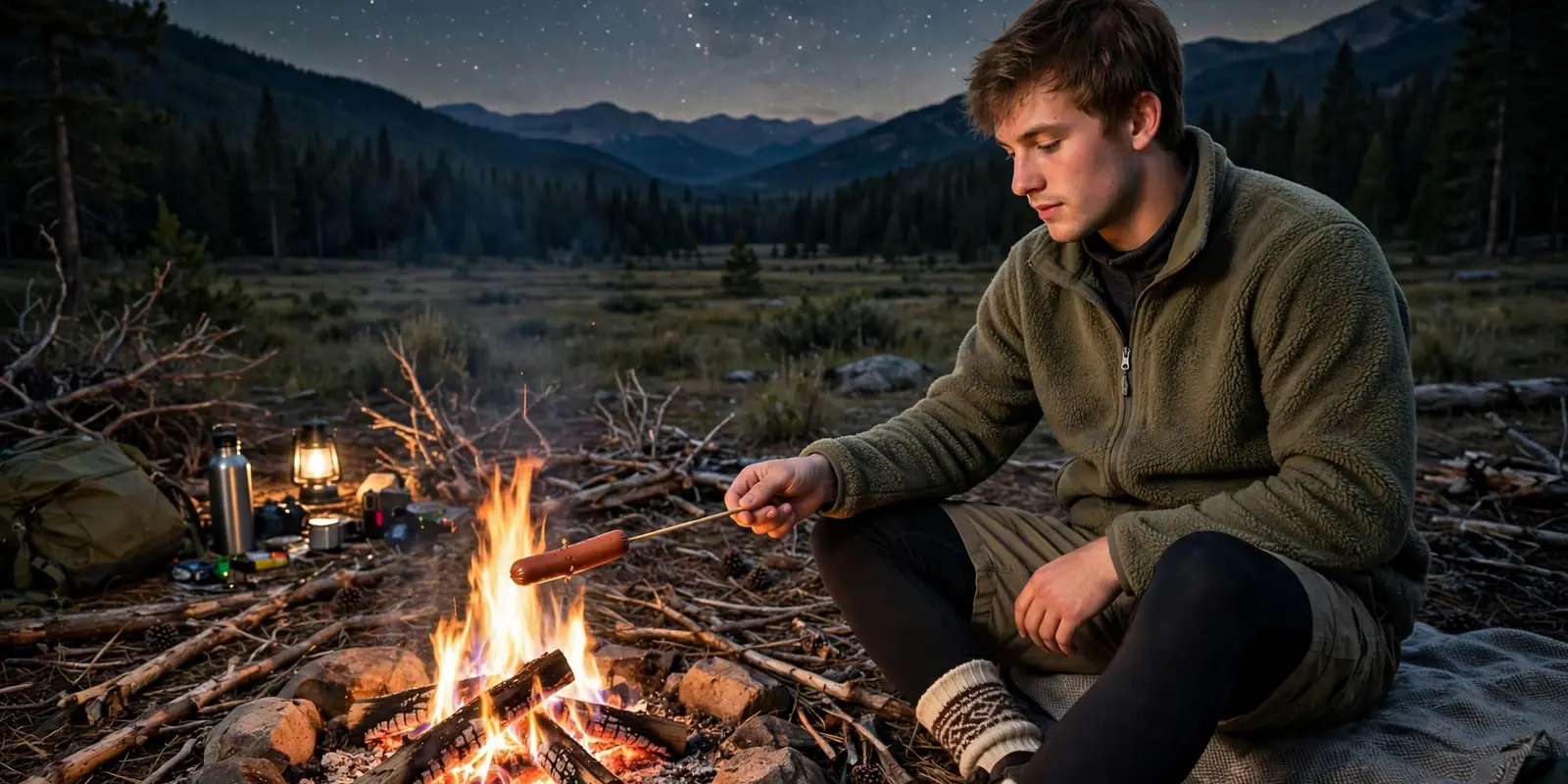 Guy in fleece jacket roasting a hot dog over a bonfire