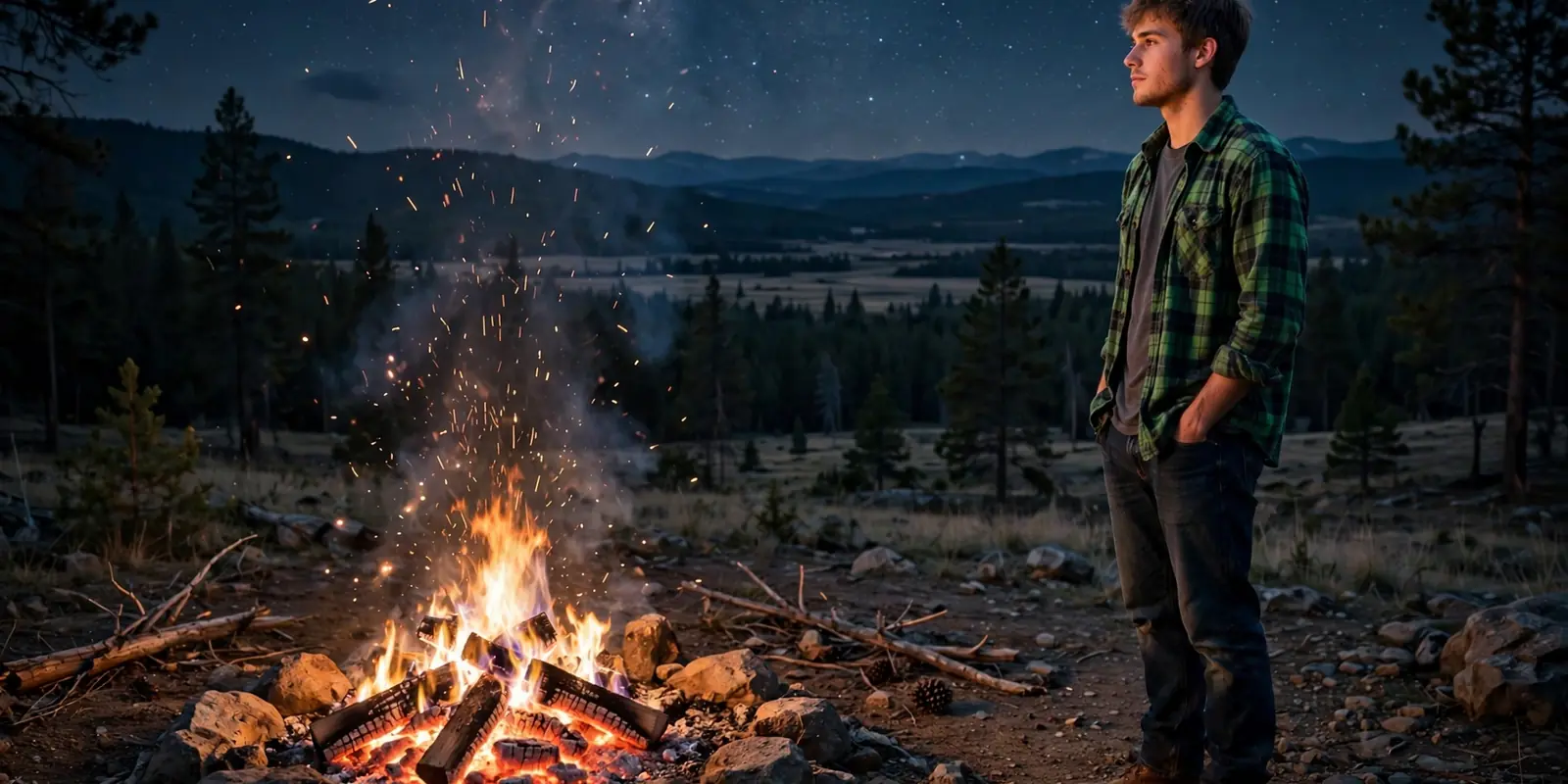 Guy in green plaid flannel shirt by a bonfire at night