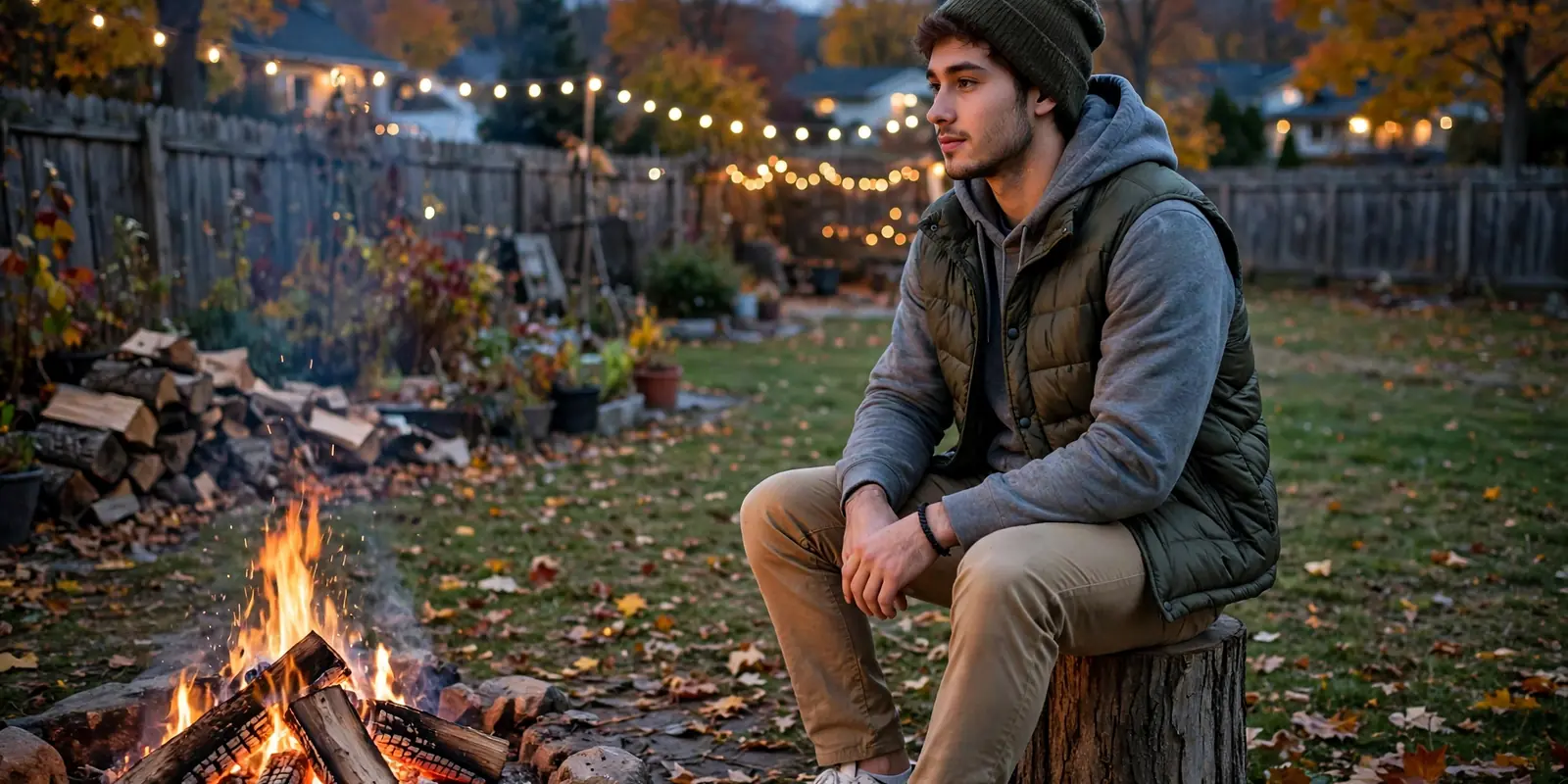 Guy in puffer vest and hoodie sitting by a campfire