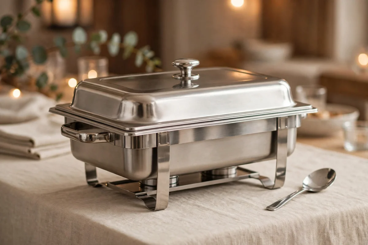 Stainless steel chafing dish on a party buffet table
