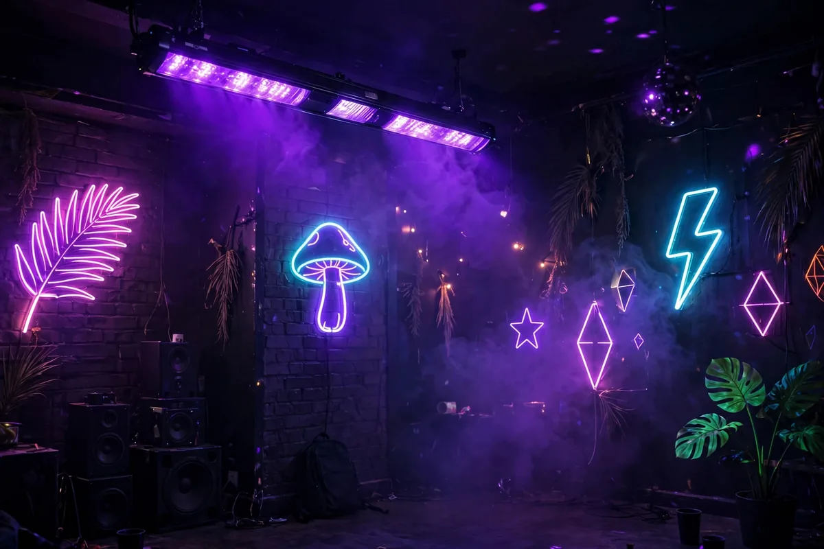 Blacklight bar glowing in a dark party room