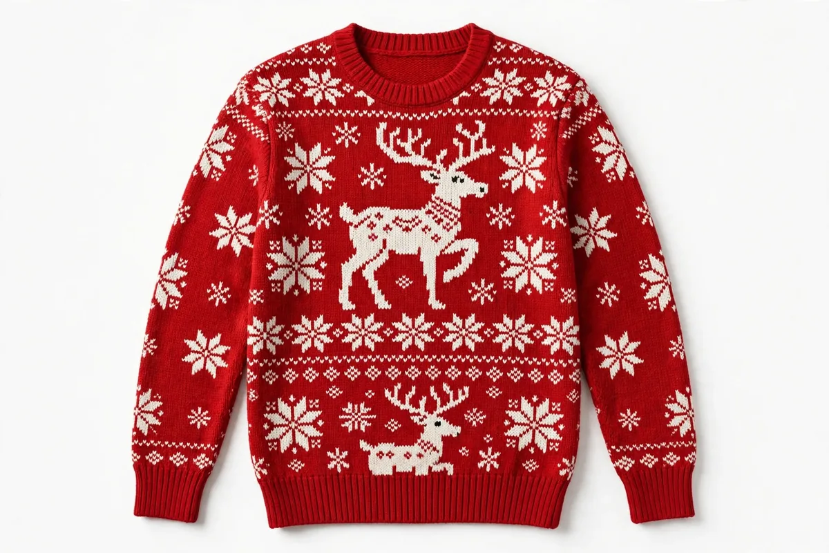Red ugly Christmas sweater with reindeer pattern
