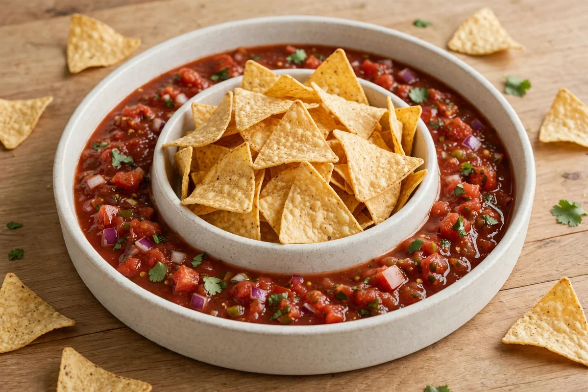 Divided chip and dip serving bowl filled with chips and salsa