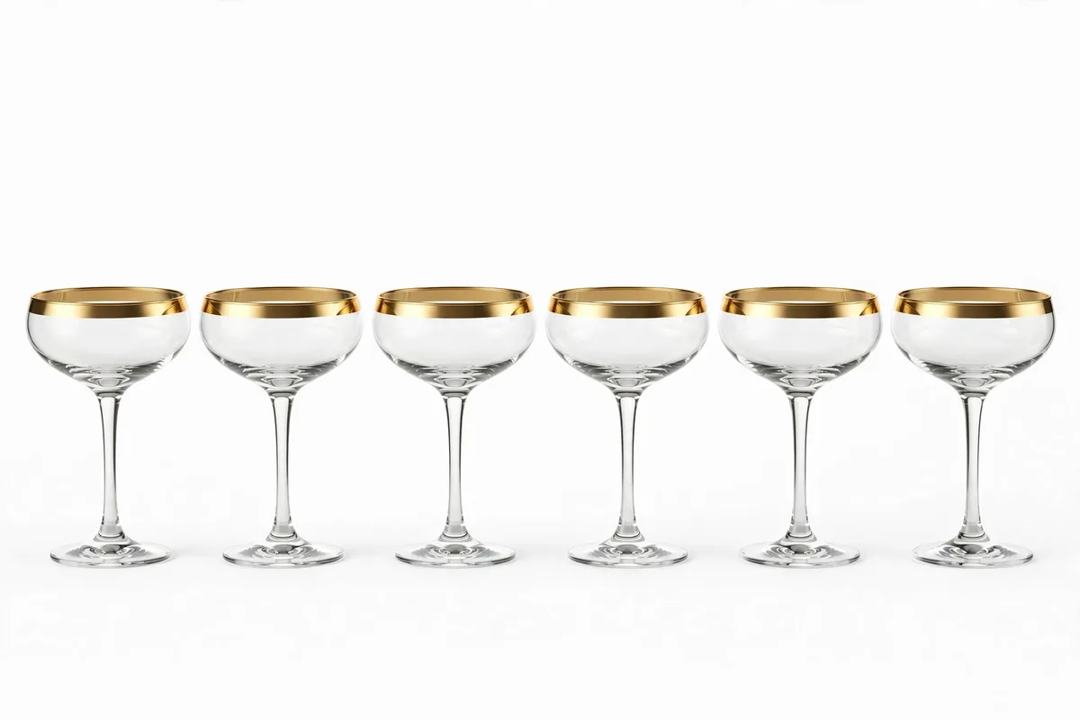 Set of gold-rimmed holiday cocktail glasses