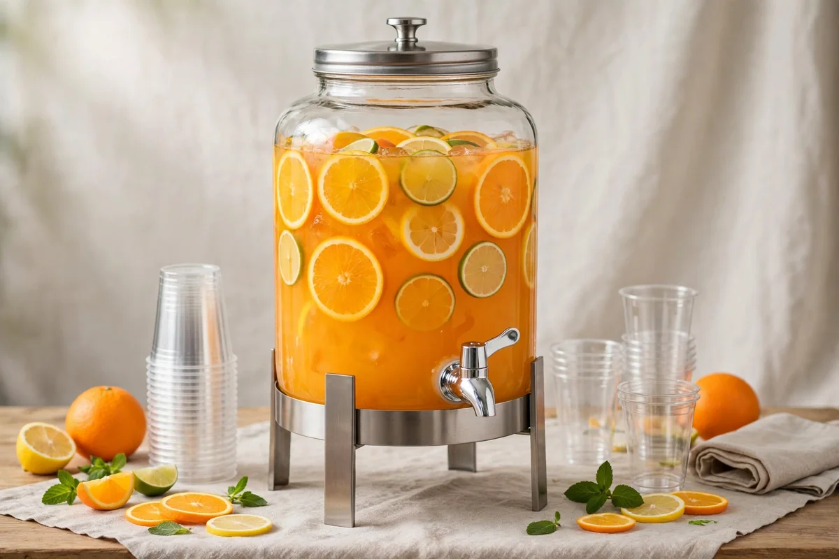 Glass beverage dispenser filled with citrus punch and fruit slices