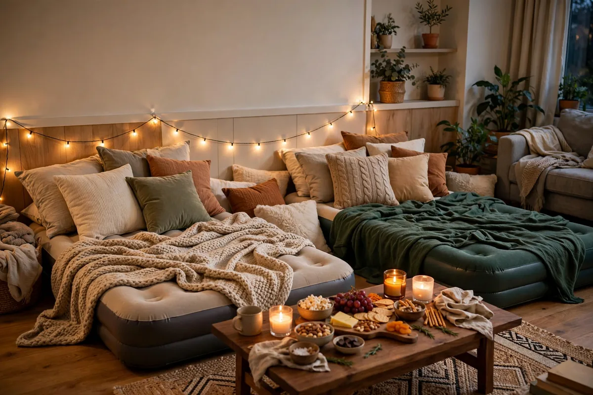 Sleepover floor setup with air mattresses, blankets, pillows and fairy lights