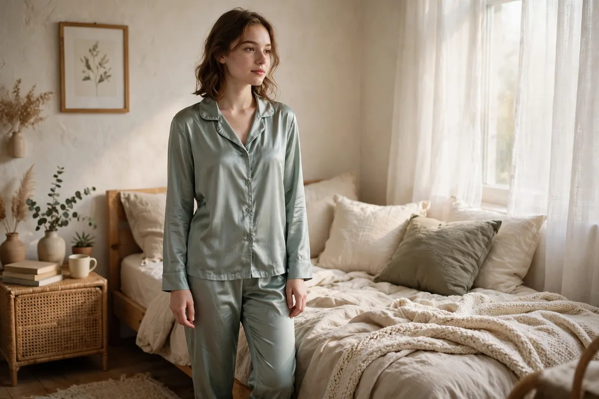 Young woman in a champagne satin pajama set