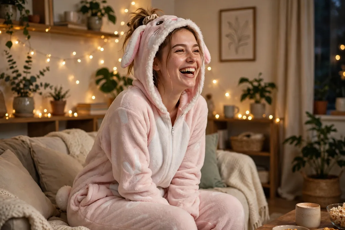 Young woman in a funny animal onesie