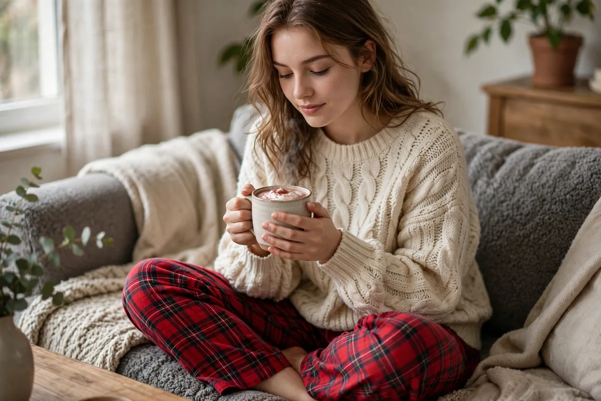 Young woman in plaid pajama pants and an oversized sweater
