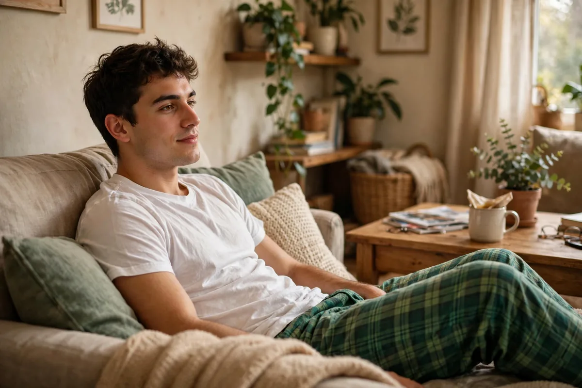 Young man in plaid pajama pants and a plain tee