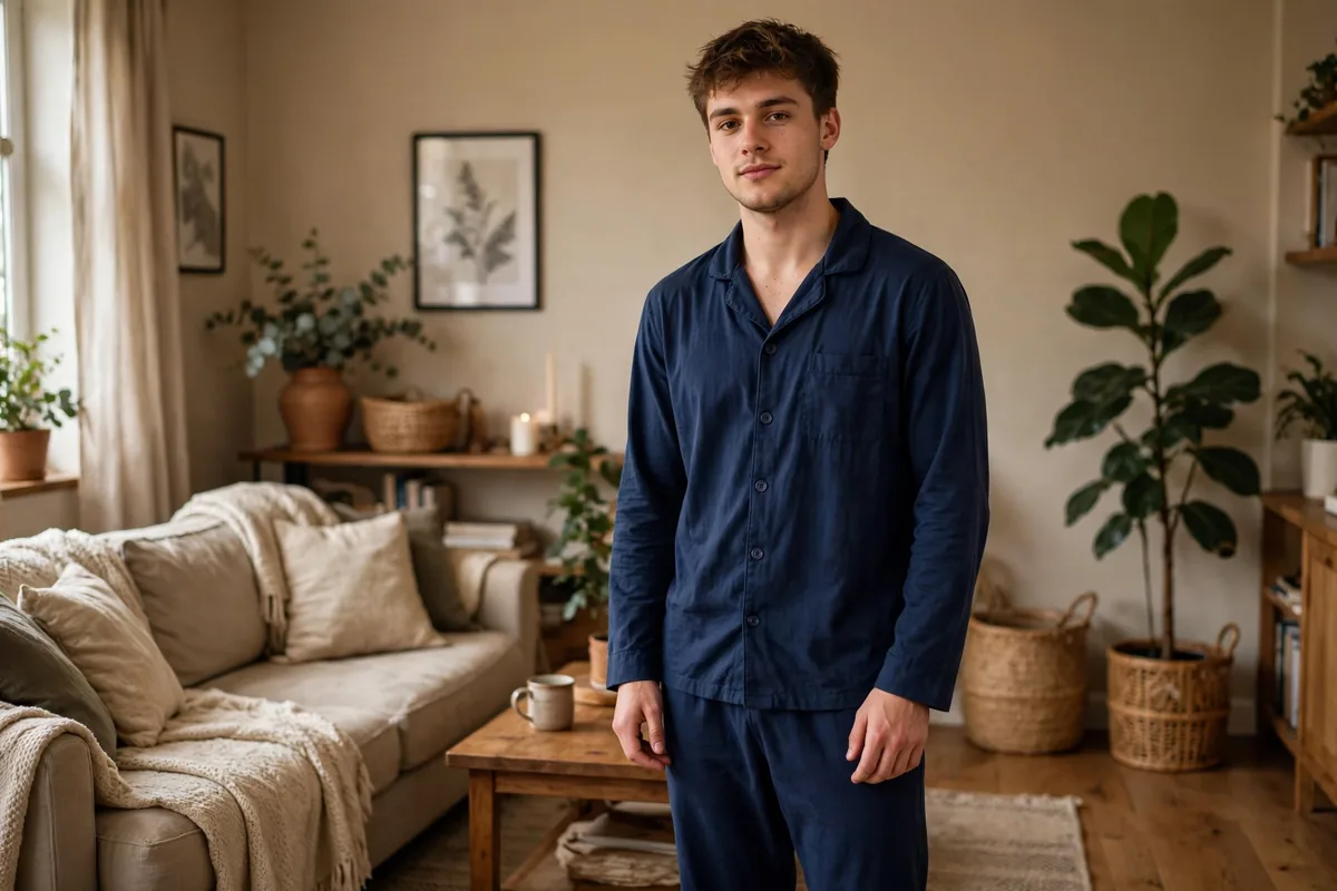 Young man in a matching navy pajama set