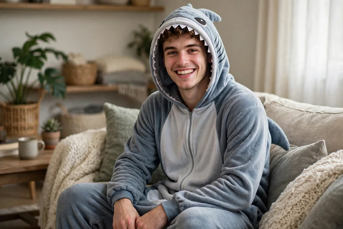 Young man in a shark onesie