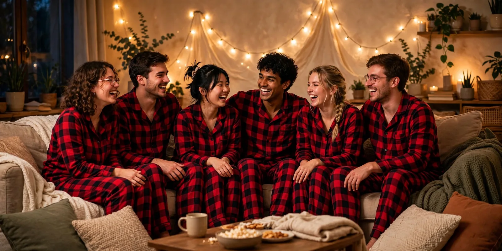 Group of college-age friends in matching pajamas laughing together on a couch under fairy lights