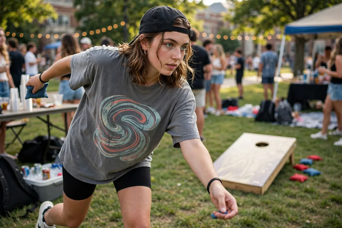 Young woman in a graphic tee and biker shorts playing lawn games at a party