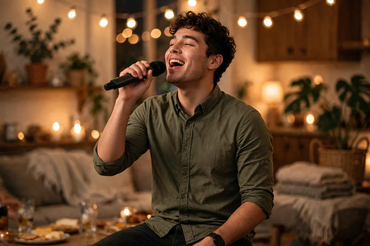 Young man in a button-down shirt and jeans holding a karaoke mic at a party