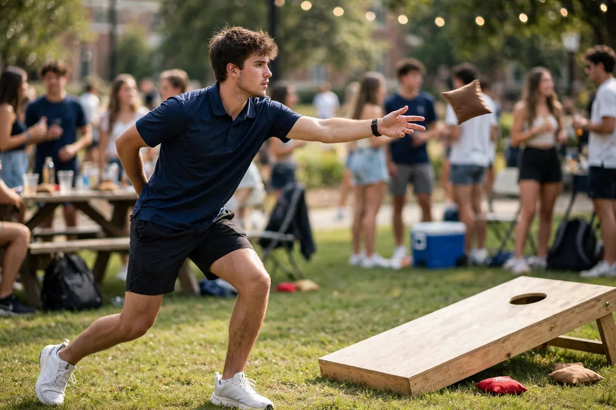 Young man in a polo and shorts playing cornhole at an outdoor party