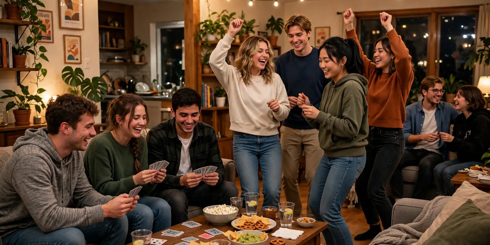 Friends playing party games and dancing at a lively college house party with warm string lights