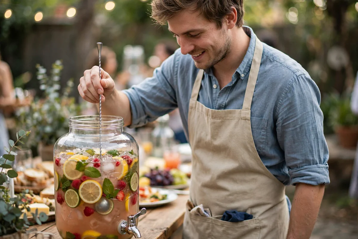 Young man in a rolled-sleeve shirt and apron mixing drinks at a party