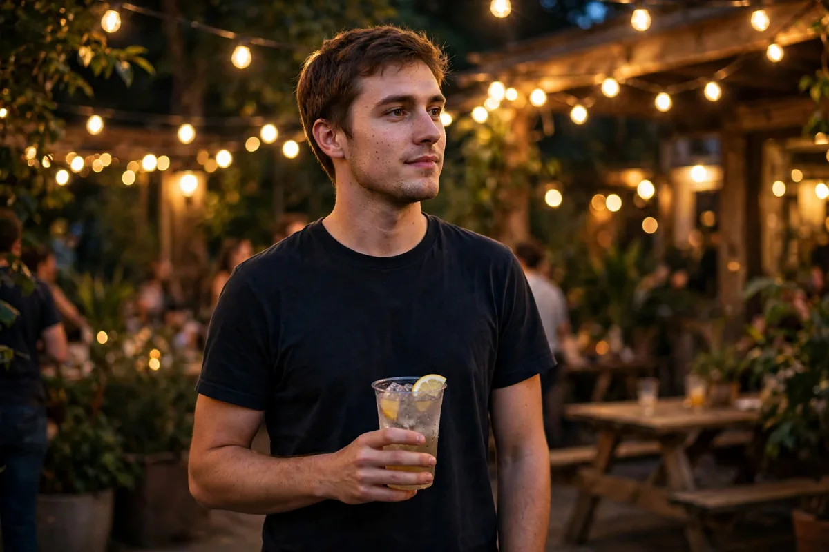 Young man in a black tee and dark jeans behind a party bar setup